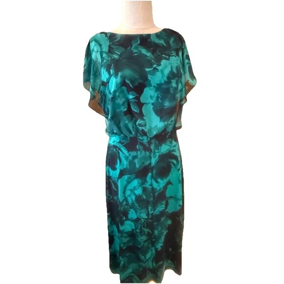 Connected Dresses & Skirts - Connected Apparel Cocktail Sheath Dress Womens Size 12 Green Floral Cape Overlay